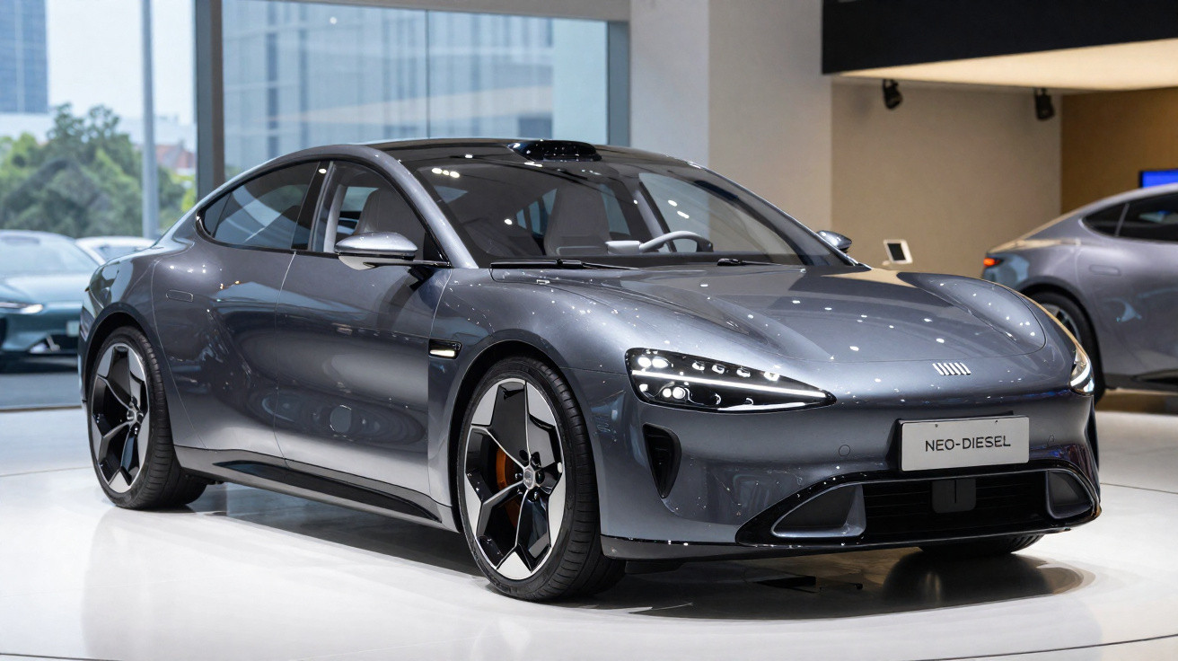 Carro desportivo cinzento metálico NIO Neo-Diesel exibido numa sala de exposição moderna.