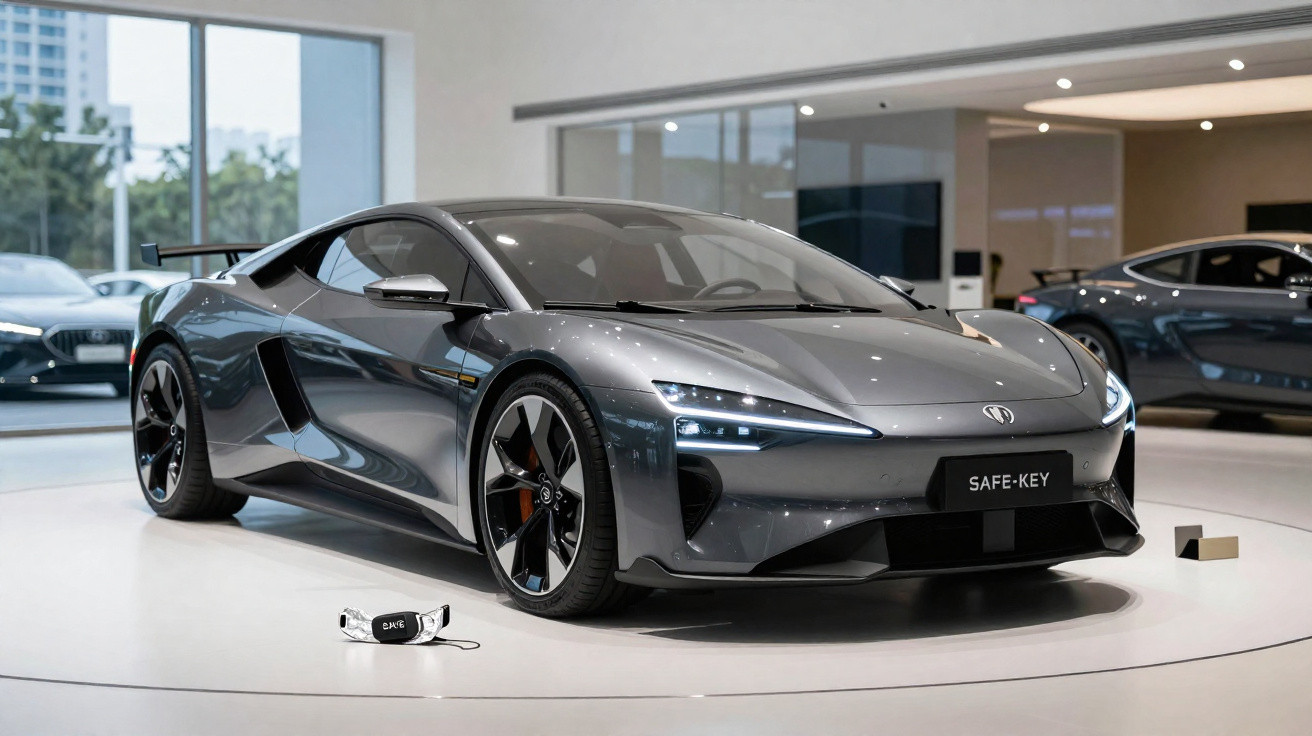 Carro desportivo cinzento metalizado em exposição numa sala moderna com iluminação suave.