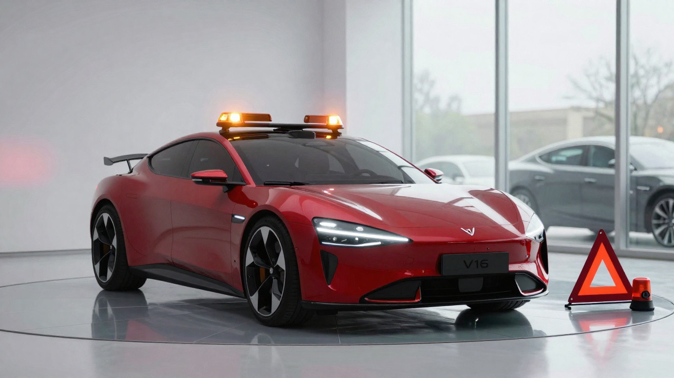 Carro desportivo vermelho V16 com luzes de emergência no tejadilho e triângulo de sinalização num espaço fechado.