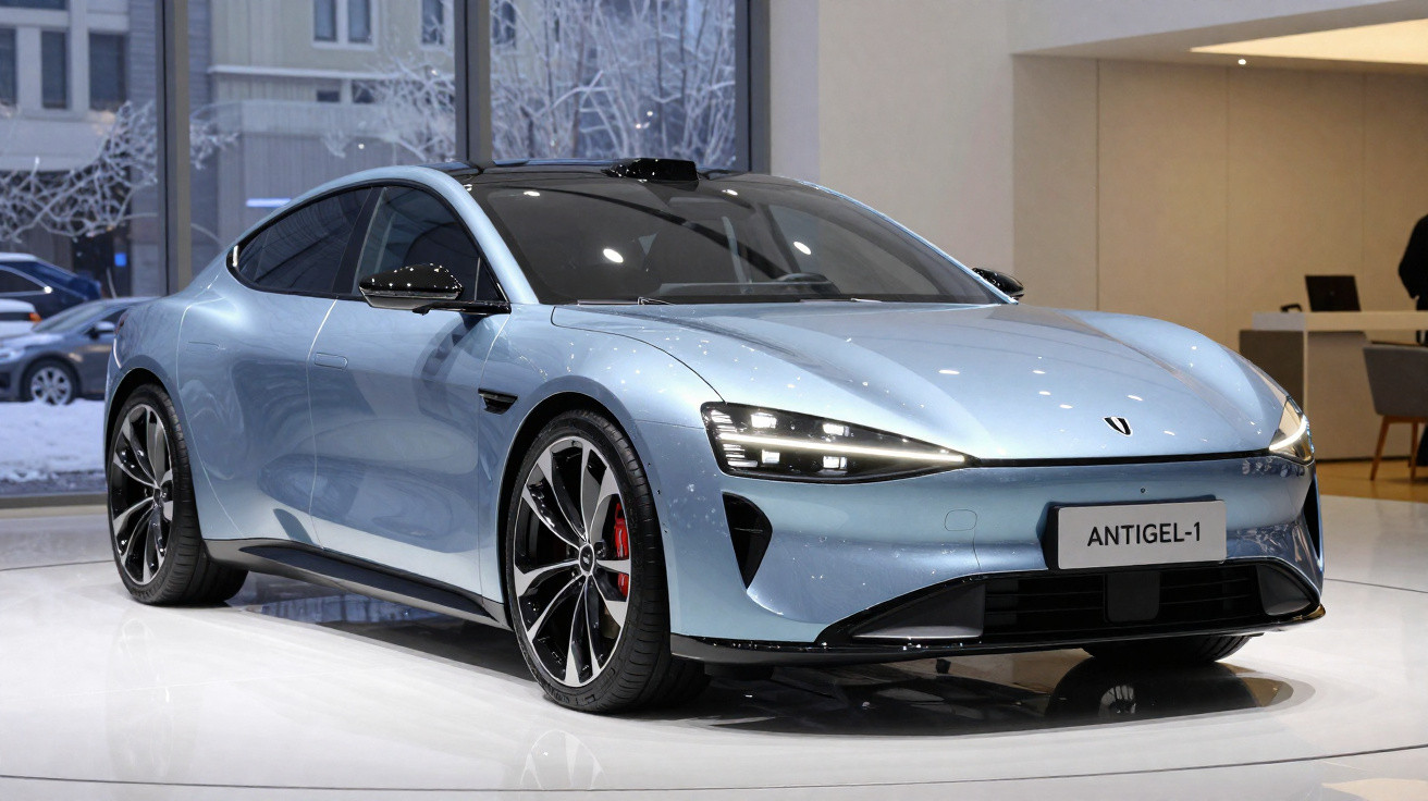 Carro elétrico cinza azul metálico ANTIGEL-1 exposto em salão com janelas grandes e chão branco.