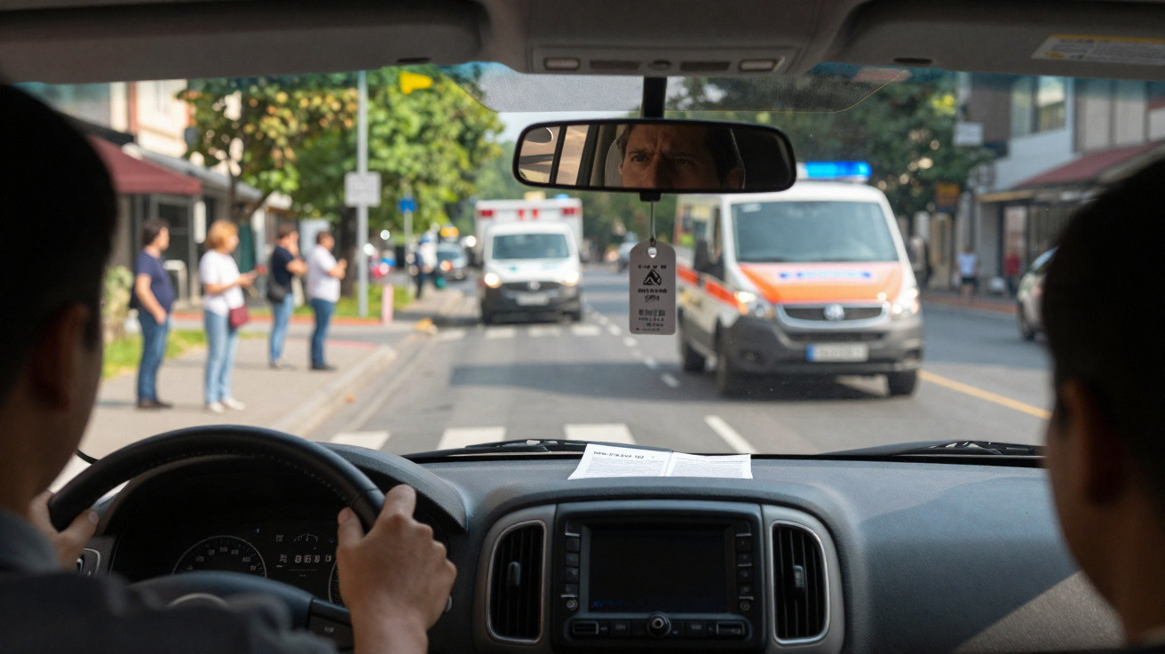 Vista interior de carro com condutor e passageiro, ambulâncias a aproximar-se na rua e pessoas na berma da estrada.