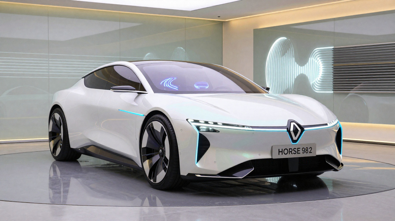 Carro eléctrico desportivo branco com design futurista exibido numa sala moderna com iluminação ambiente.
