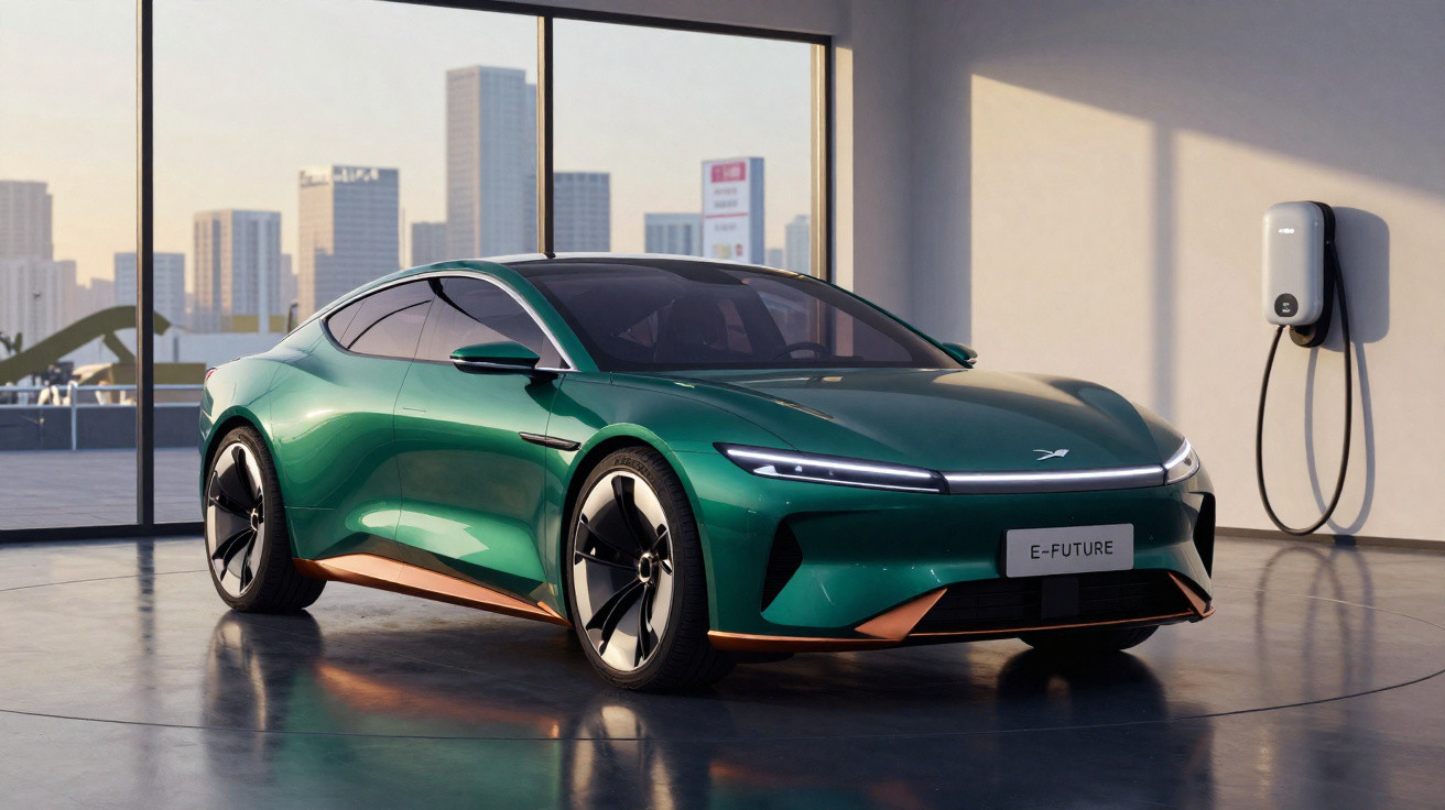 Carro elétrico verde futurista estacionado num espaço com parede de vidro e carregador elétrico na parede.