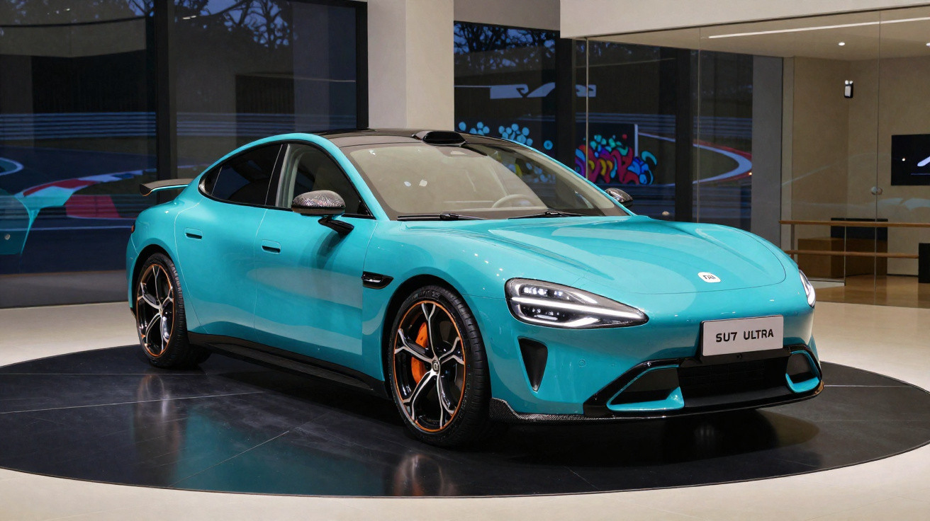 Carro elétrico desportivo azul turquesa estacionado em exposição interior moderna.