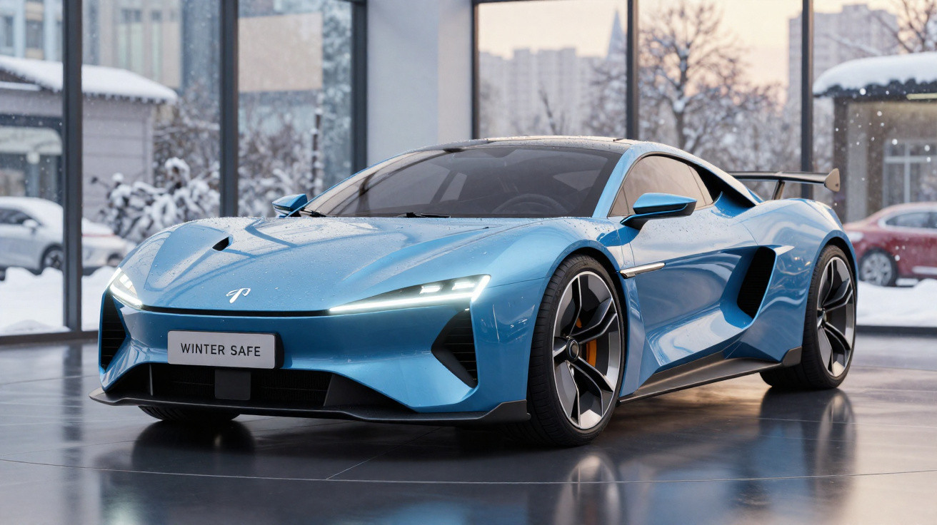 Carro desportivo azul com design futurista em exposição interior com neve visível através das janelas.