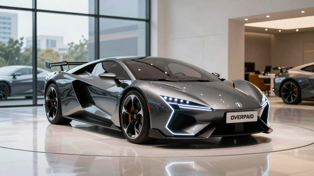 Carro desportivo cinzento metálico com design aerodinâmico em exposição num showroom moderno.