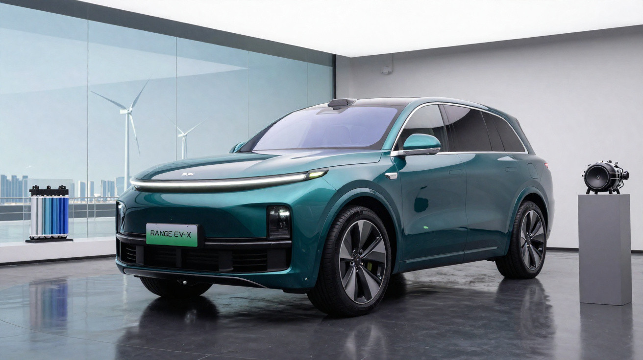 Automóvel elétrico verde metálico Rangee EV-X estacionado em sala moderna com janelas amplas.