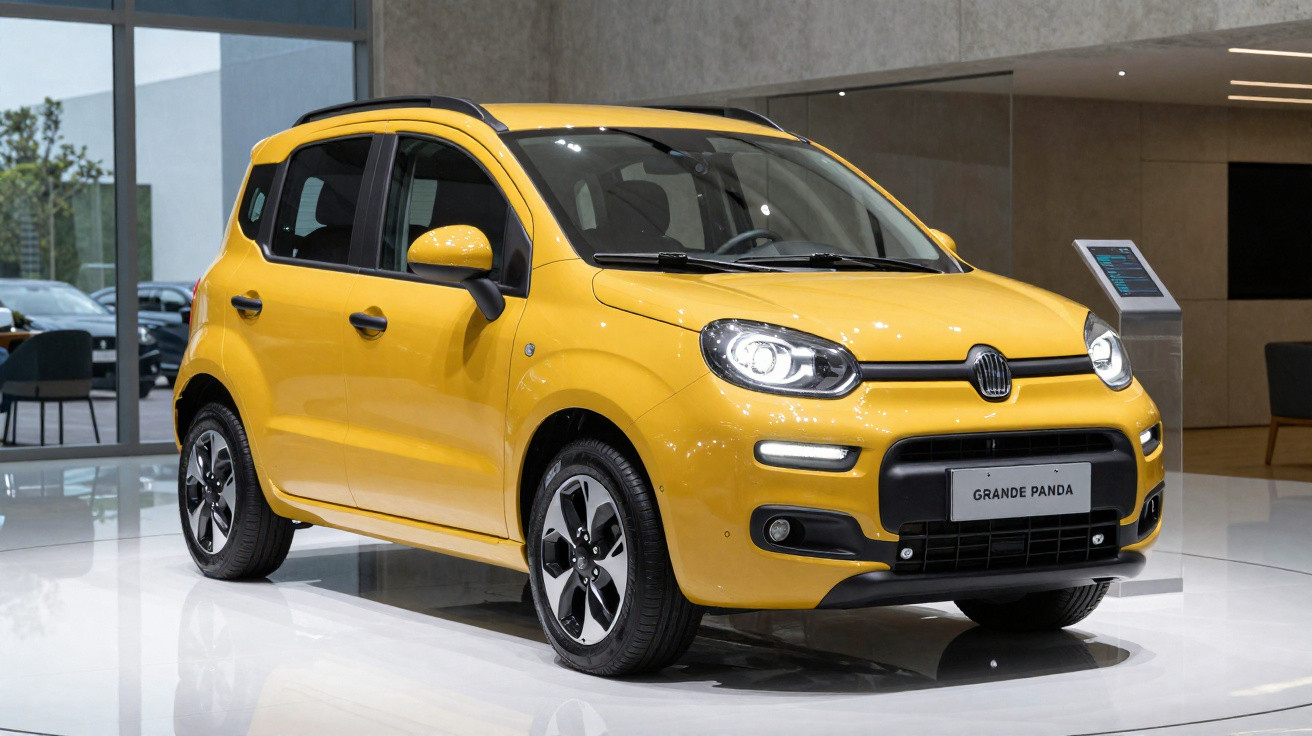 Automóvel compacto amarelo Fiat Grande Panda em exposição num interior moderno e luminoso.