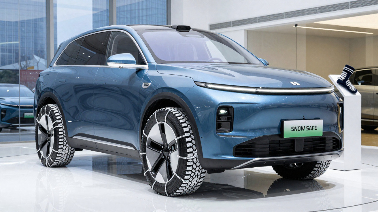 Carro SUV elétrico azul com pneus de neve, exibido em exposição interior moderna.