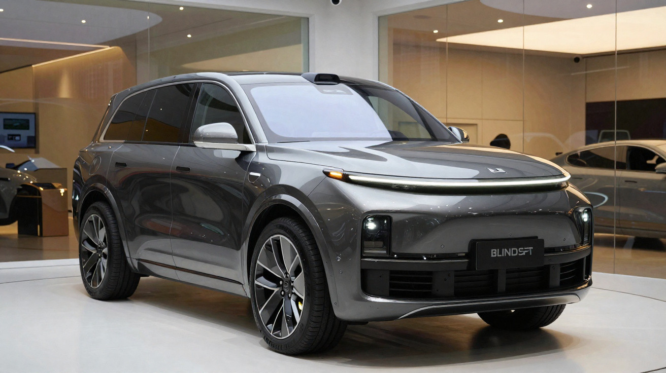 SUV elétrico cinza estacionado em showroom moderno com jantes grandes e design futurista.