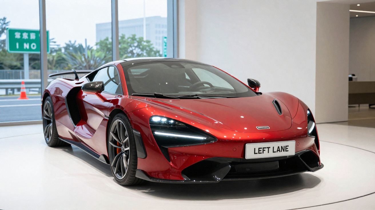 Carro desportivo vermelho brilhante estacionado num showroom moderno com matrícula personalizada "LEFT LANE".