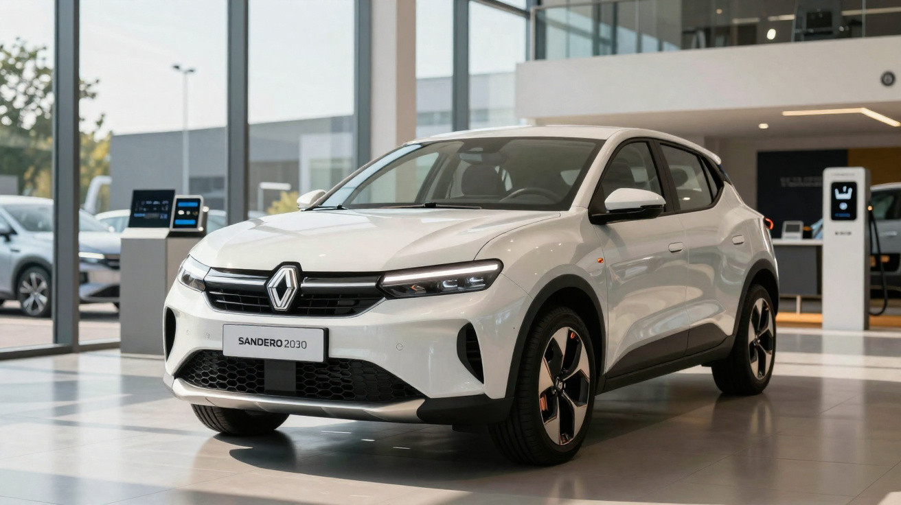 Renault Sandero 2030 branco exposto em showroom moderno com iluminação natural.