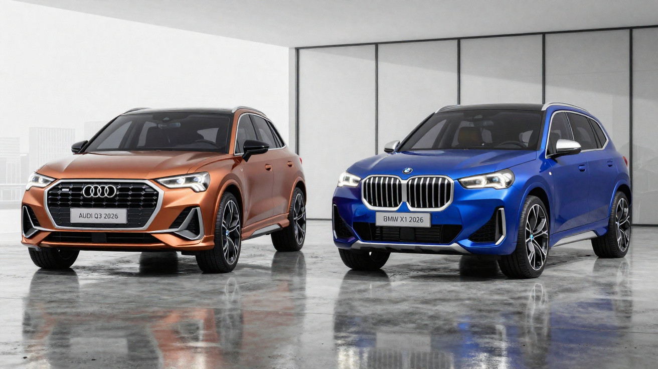 Dois SUV modernos, um Audi Q3 bronze e um BMW X1 azul, estacionados em piso refletor numa garagem minimalista.