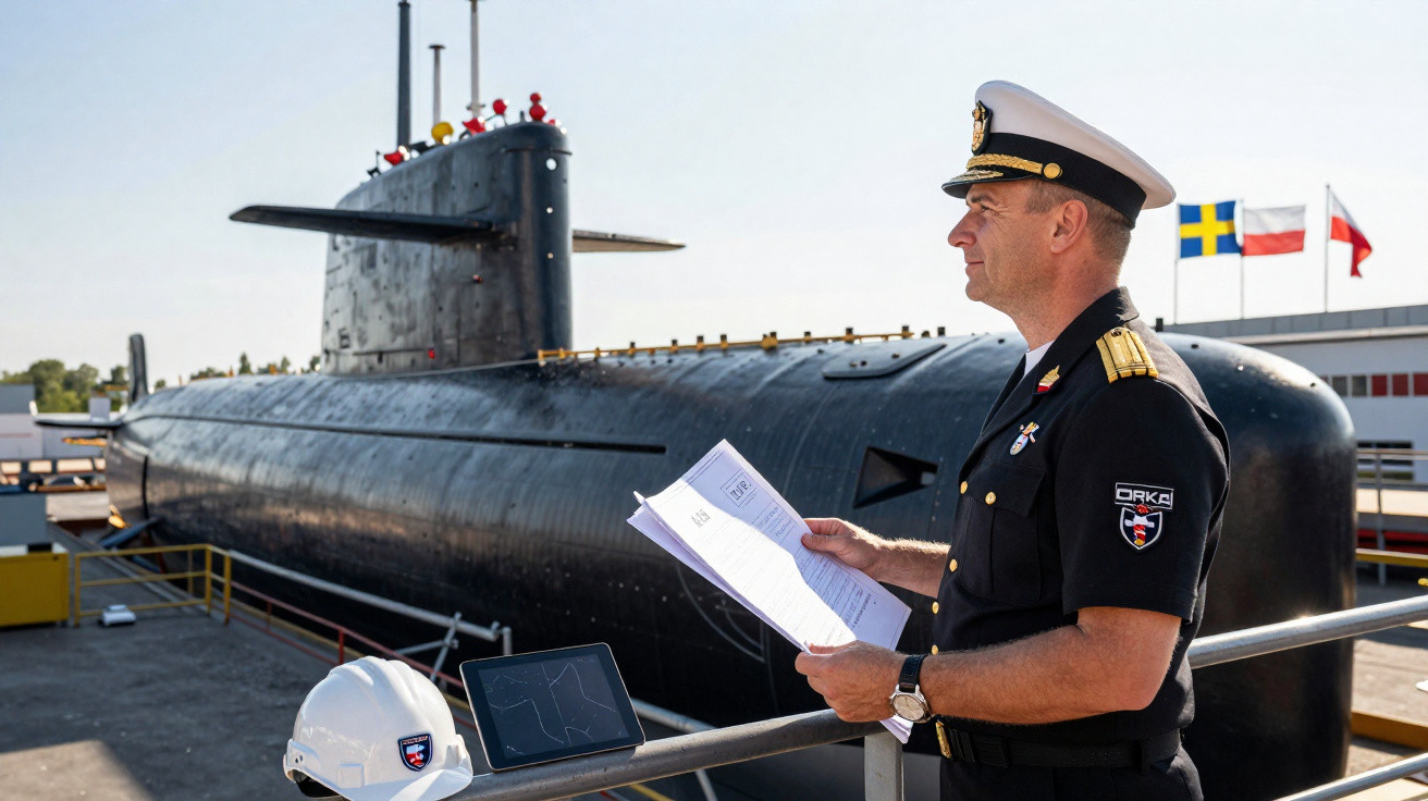 Oficial da marinha de farda com documentos, ao lado de submarino preto atracado em porto com capacete e tablet.
