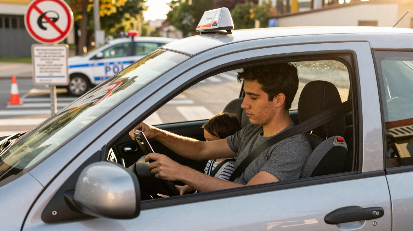 Homem jovem com cinto de segurança a conduzir carro com criança ao lado e polícia ao fundo.