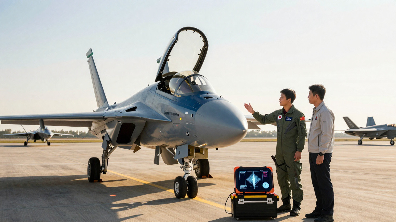 Dois homens junto a um jato militar estacionado numa pista de aeroporto com equipamento de análise ligado.