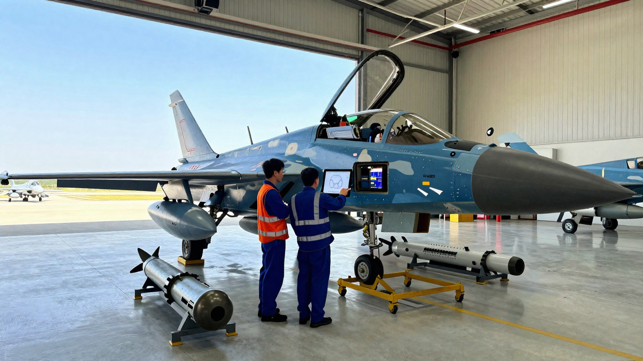 Dois técnicos em uniformes azuis e coletes verificam um caça azul num hangar com bombas ao lado.