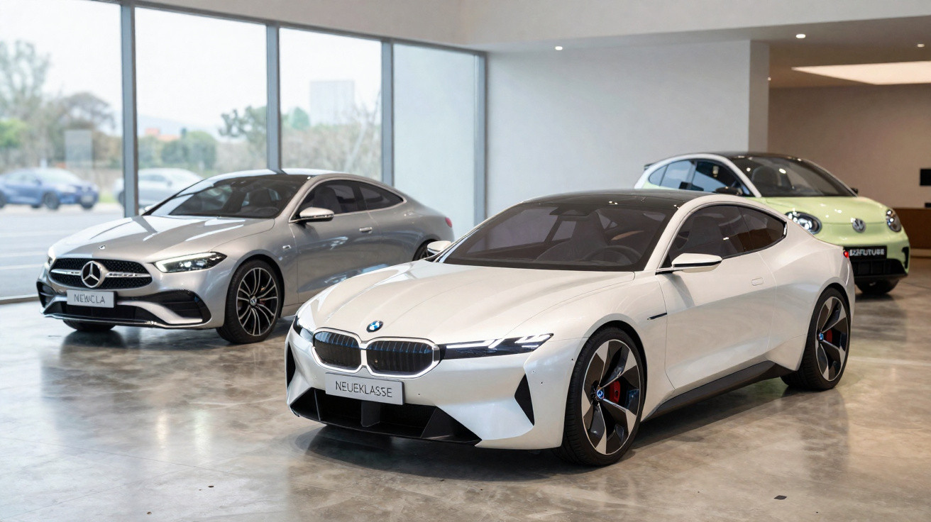 Carros elétricos branco BMW, prata Mercedes e pequeno citadino verde expostos em espaço moderno.