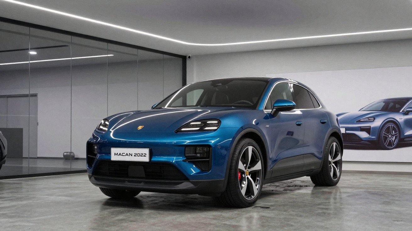 Carro elétrico Porsche Macan 2022 azul em exposição num espaço moderno e minimalista.