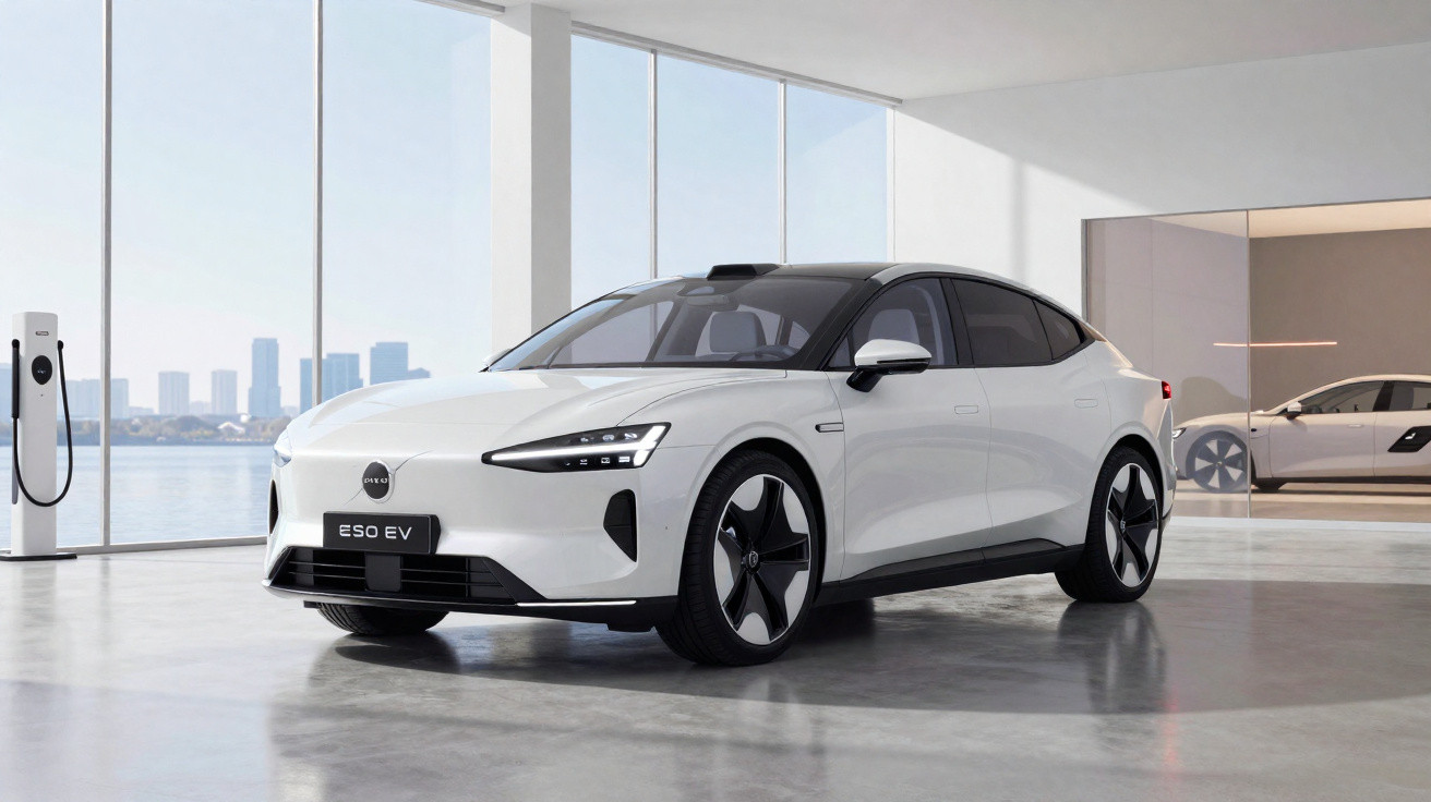 Carro elétrico branco modelo ES8 EV num showroom moderno com janelas amplas e vista para a cidade.