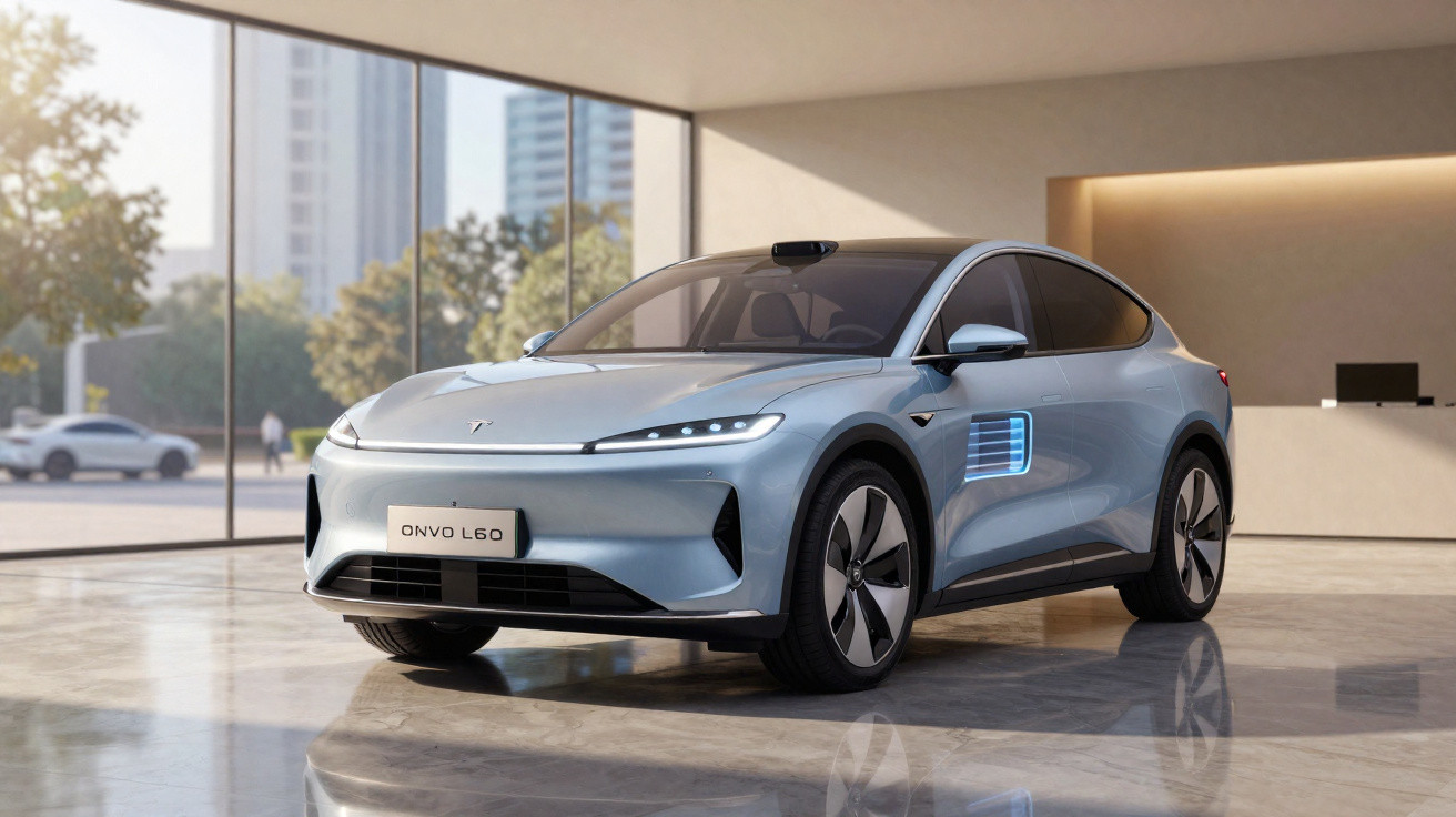 Carro eléctrico Onvo L60 azul claro estacionado em interior com janelas amplas e luz natural.