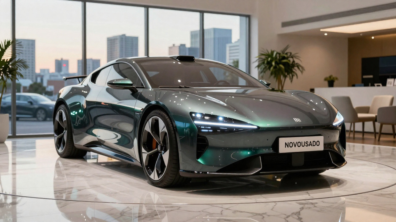 Carro desportivo elétrico verde metálico em exposição num salão moderno com janelas grandes e vista urbana.