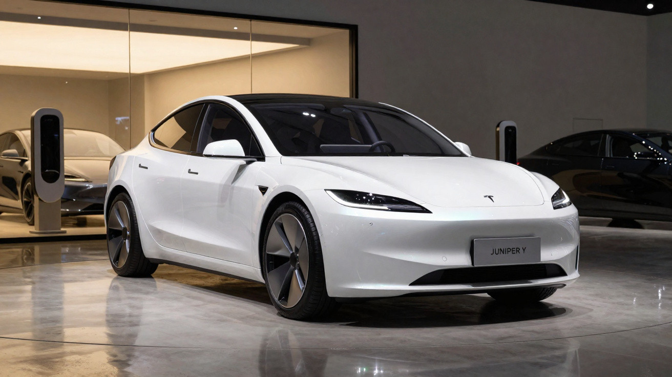 Carro elétrico branco Tesla Model S estacionado em showroom moderno com carregadores elétricos.