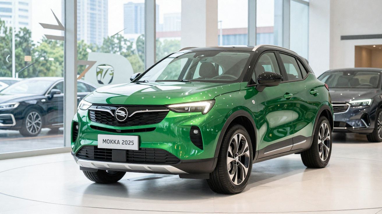 Automóvel SUV Opel Mokka 2025 verde exposto em showroom moderno com janelas amplas.