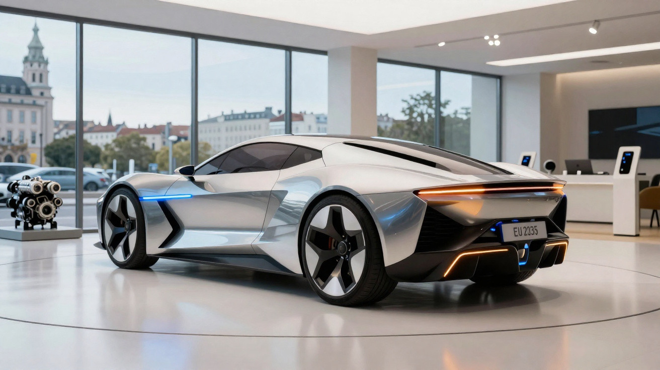Carro desportivo elétrico futurista prateado em exposição numa sala com grandes janelas e vista para a cidade.