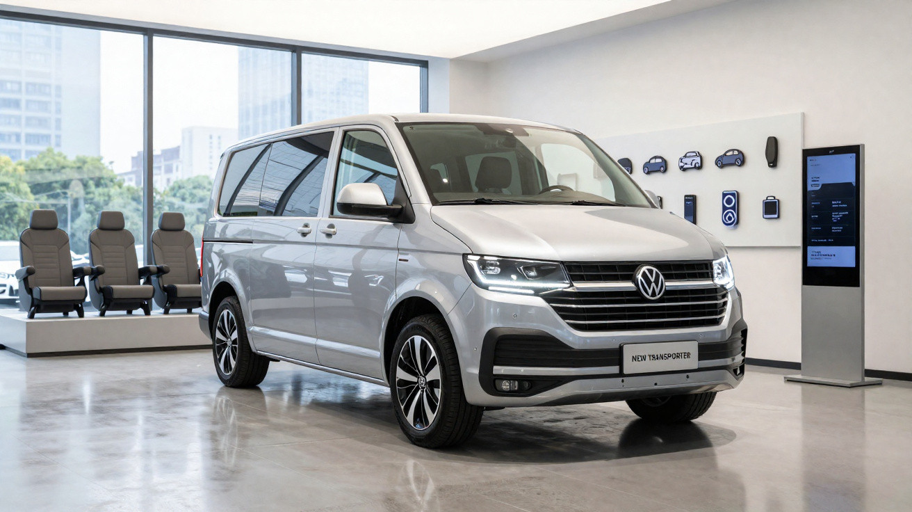 Carrinha Volkswagen Transporter prata em showroom moderno com cadeiras e ecrã digital ao fundo.
