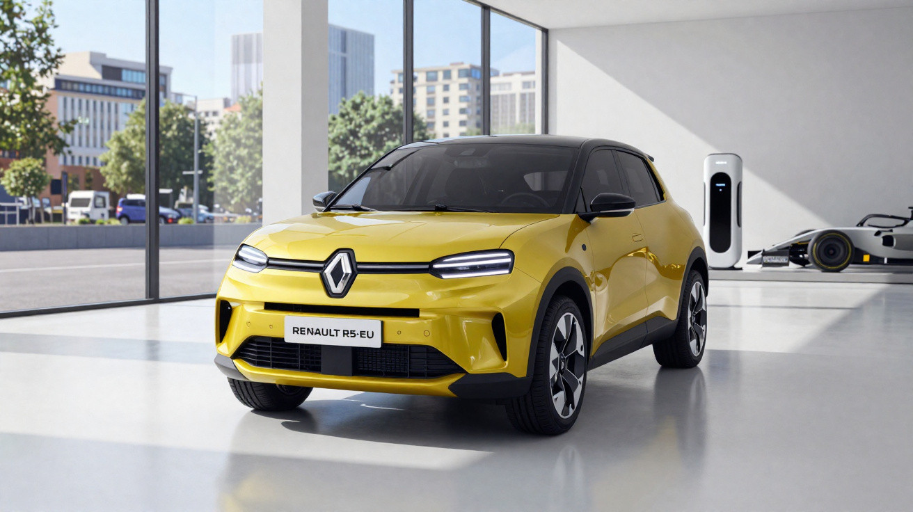 Carro elétrico Renault R5-EU amarelo num showroom moderno com grande janelas e estação de carregamento.