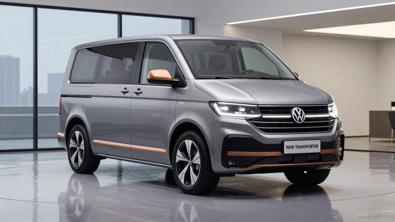 Carrinha Volkswagen New Transporter cinzenta com detalhes em bronze num espaço interior moderno.