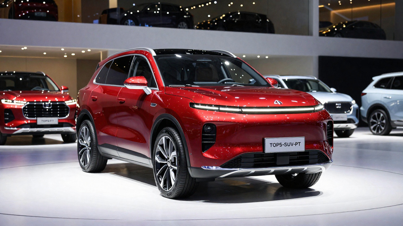 Carro SUV vermelho moderno exposto numa feira automóvel com iluminação refletida na carroçaria.