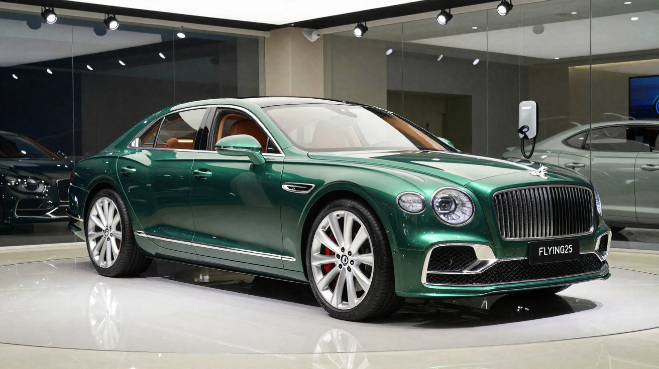 Carro de luxo Bentley Flying Spur verde exibido em showroom moderno com sofisticação e design elegante.