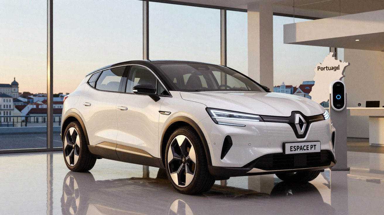 SUV elétrico Renault Espace PT branco estacionado em showroom moderno com vistas para a cidade ao fundo.