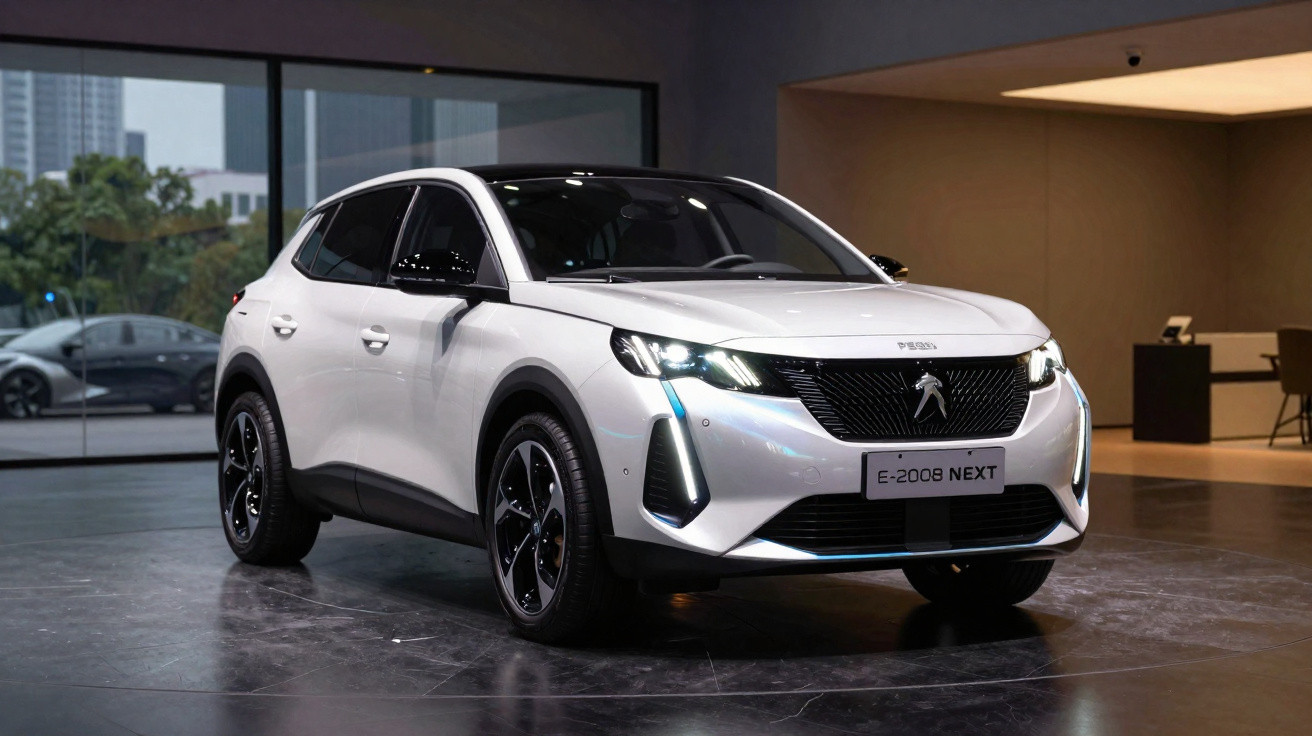 Peugeot E-2008 NEXT branco estacionado em sala moderna com iluminação ambiente suave.