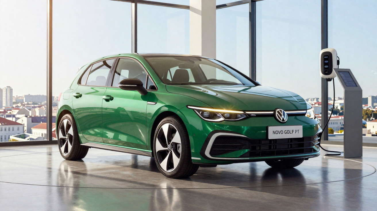 Carro elétrico Volkswagen Golf verde estacionado em interior moderno com estação de carregamento.