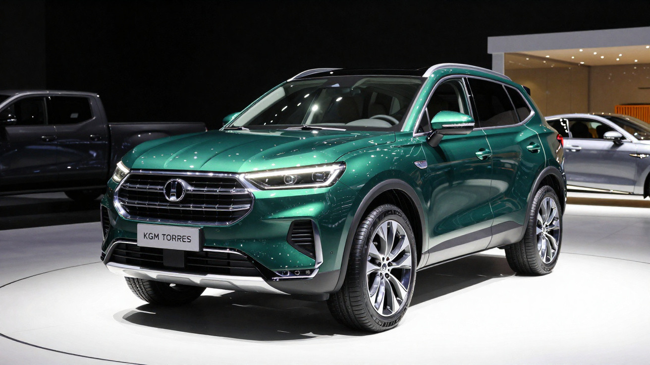 SUV verde metálico moderno exposto em stand automóvel com iluminação focada.