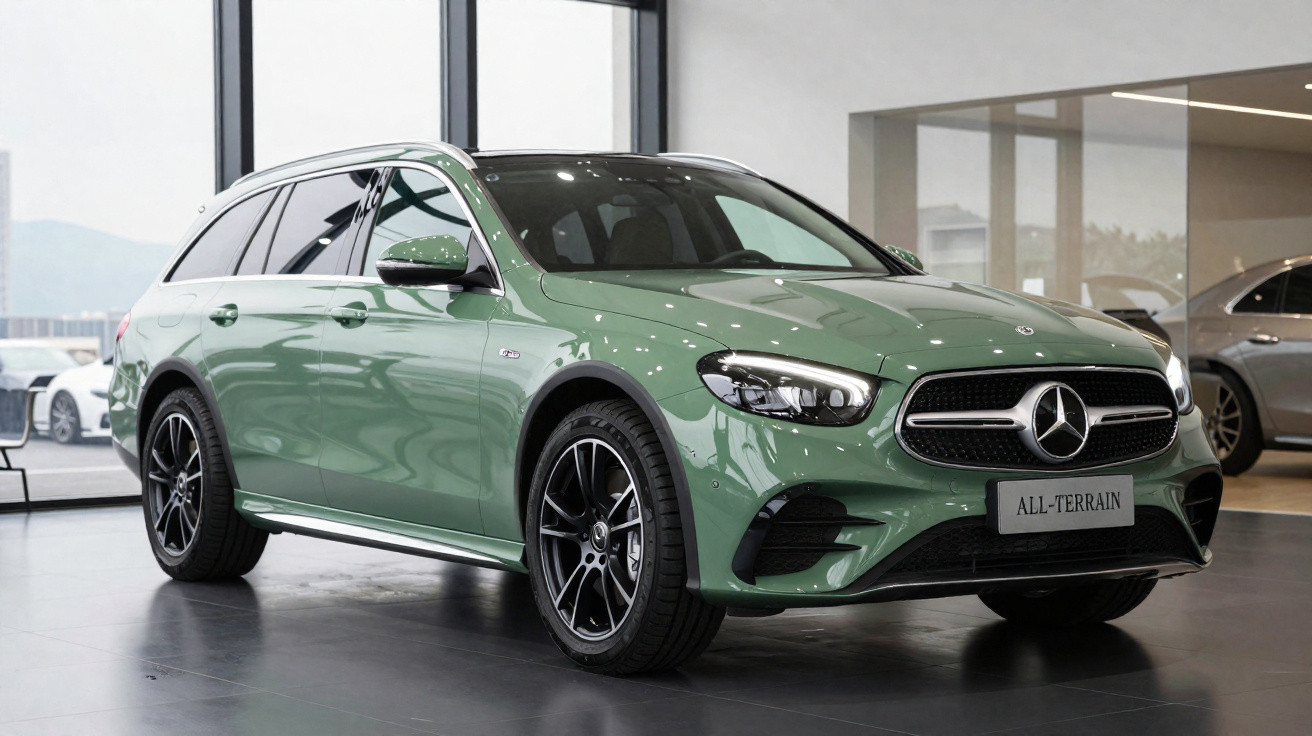 Carro Mercedes-Benz All-Terrain verde em exposição numa sala com grandes janelas e luz natural.