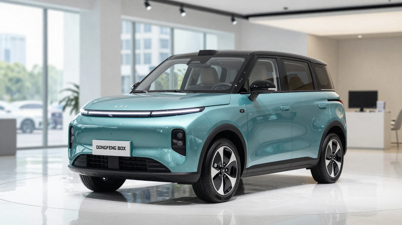 Automóvel elétrico azul claro Dongfeng Box com tejadilho preto em showroom moderno e iluminado.
