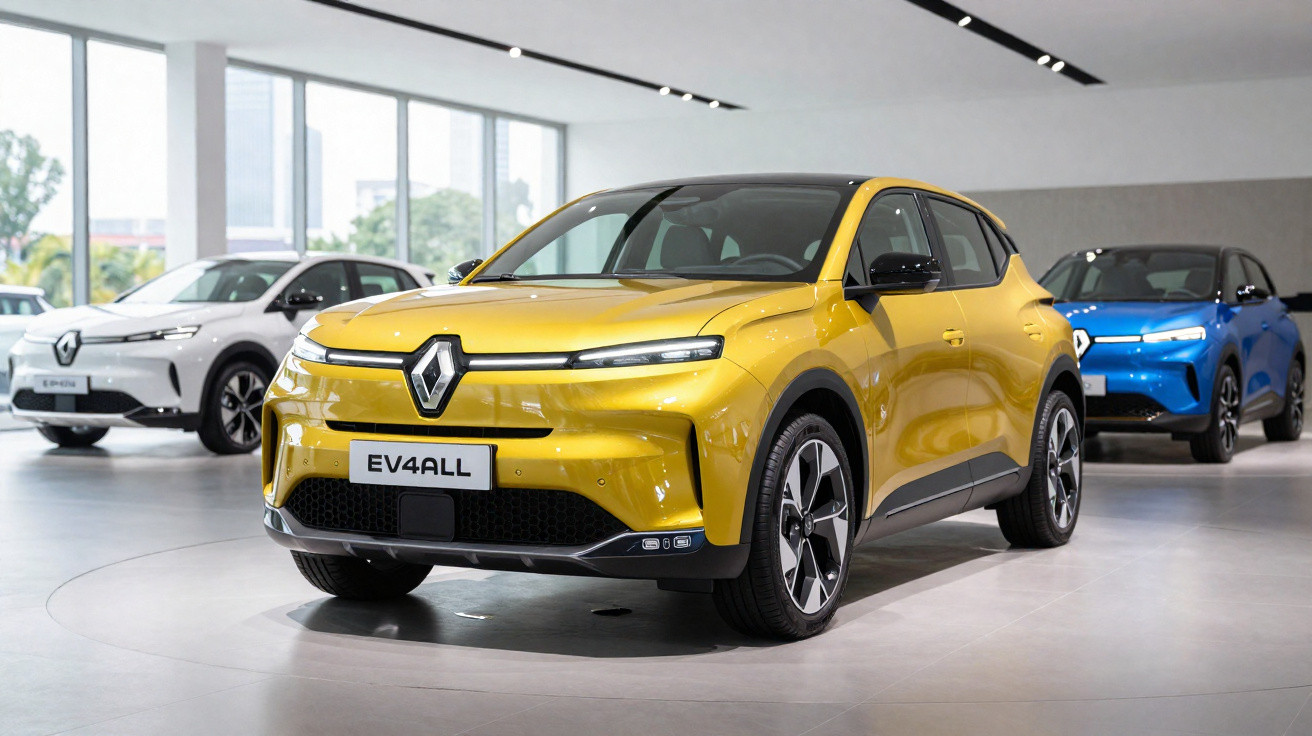 Carro elétrico amarelo Renault EV4ALL em exposição com dois veículos elétricos ao fundo, branco e azul.