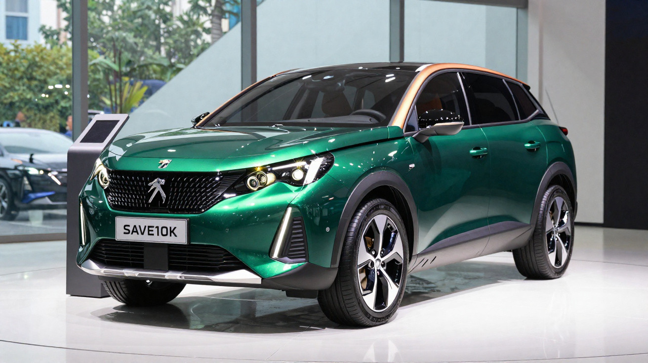 Carro SUV Peugeot verde metálico estacionado em ambiente interior com iluminação natural.