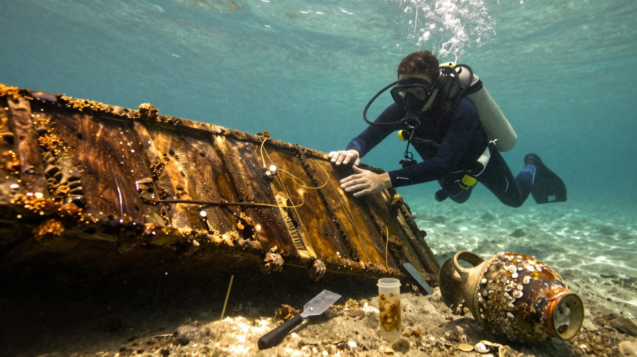 Mergulhador a explorar destroços subaquáticos com objetos antigos no fundo do mar.