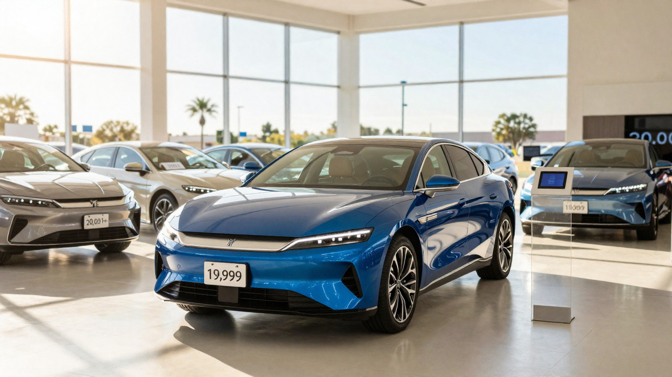 Carros elétricos modernos expostos numa sala de exposição com grandes janelas e luz natural.