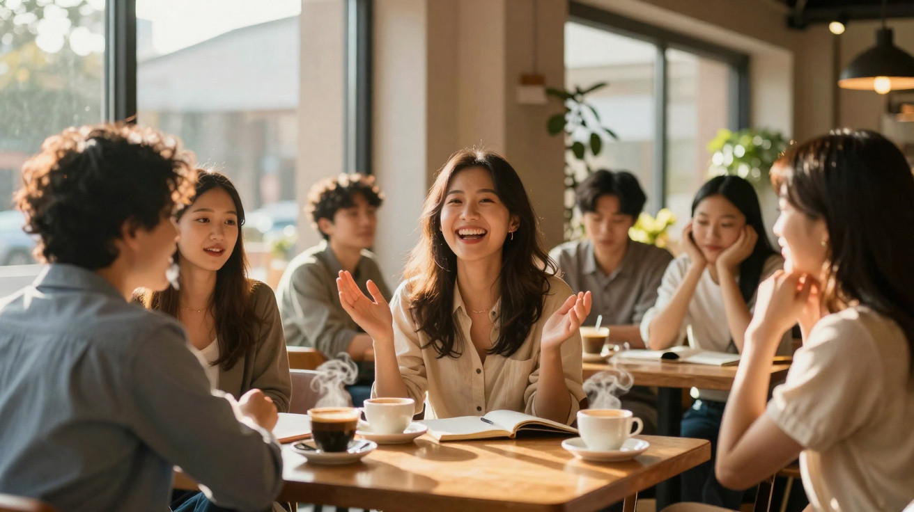 Grupo de jovens a conversar e rir numa cafetaria acolhedora com chávena de café e livros na mesa.