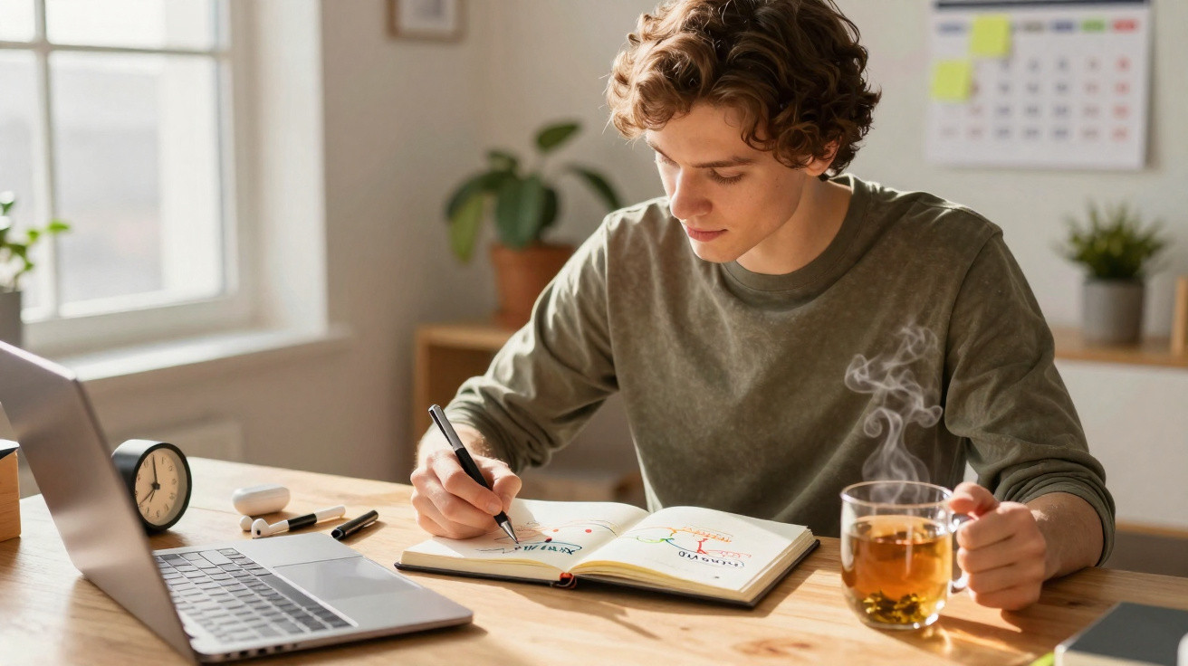 Jovem sentado a estudar com caderno, computador portátil e chá quente numa mesa junto a uma janela.