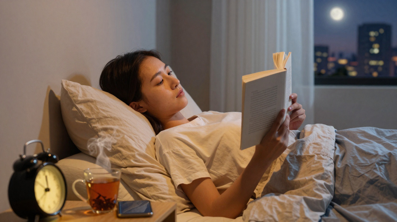Mulher deitada a ler livro na cama à noite, com chá e relógio na mesa de cabeceira.