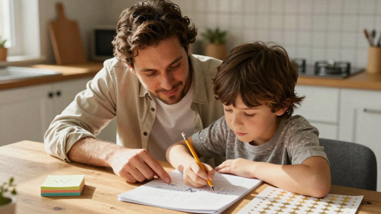 Pai ajuda filho a fazer lições de casa na cozinha, com lápis e caderno sobre a mesa de madeira.