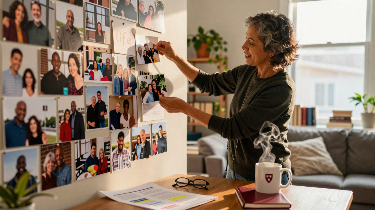 Mulher a sorrir pendura fotografias numa parede cheia de imagens de família e amigos.