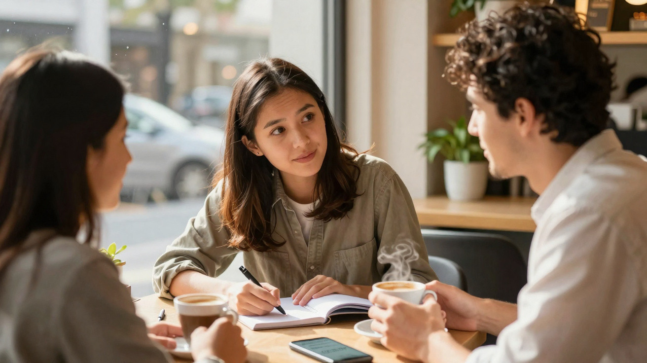 Três jovens sentados numa mesa de café, conversando com cadernos, telemóvel e chávena de café quente.